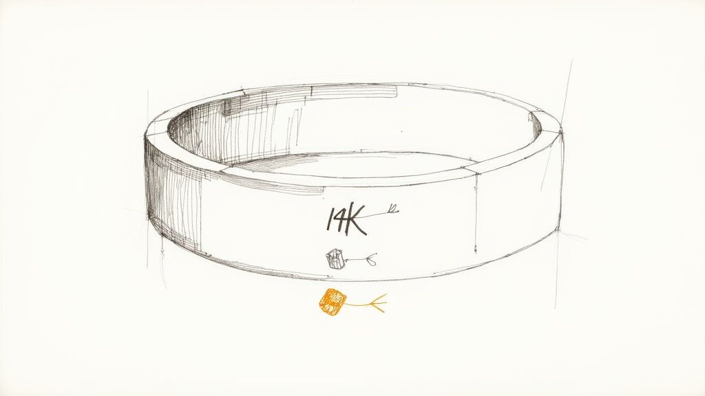 A detailed sketch of a wide 14K gold ring with small illustrative markings.