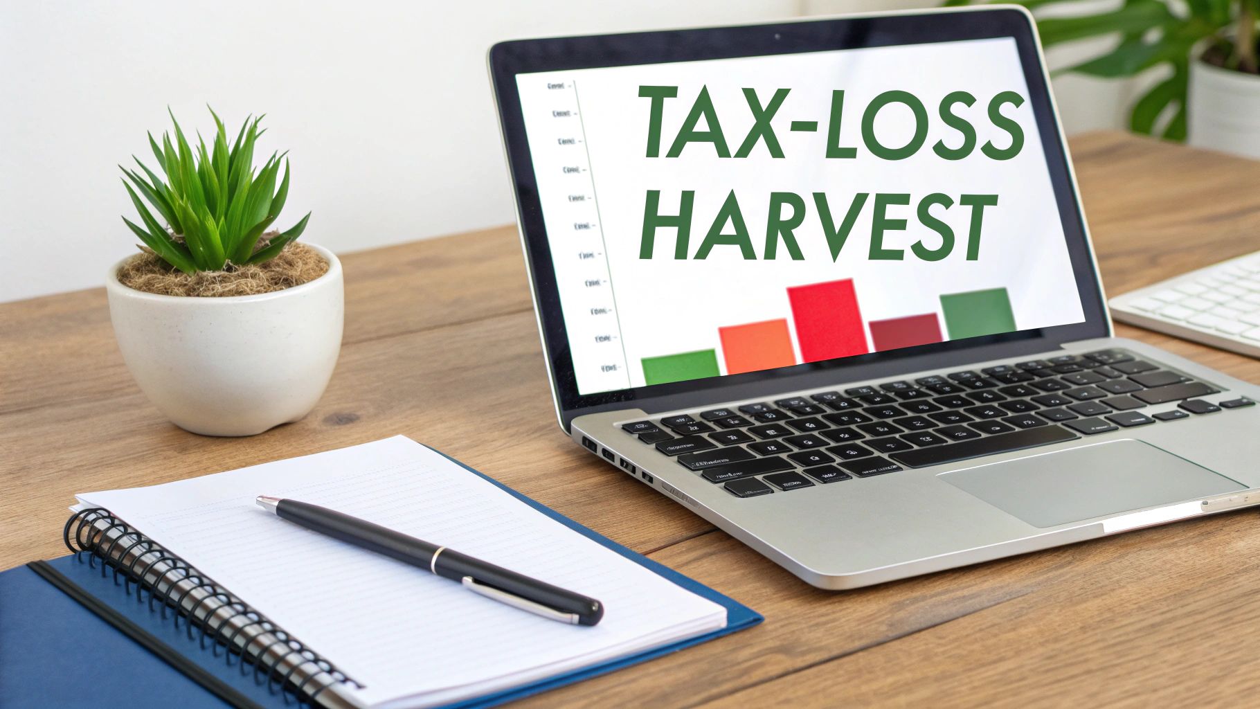 A laptop screen displays 'TAX-LOSS HARVEST' text with a bar chart, beside a plant and notebook.