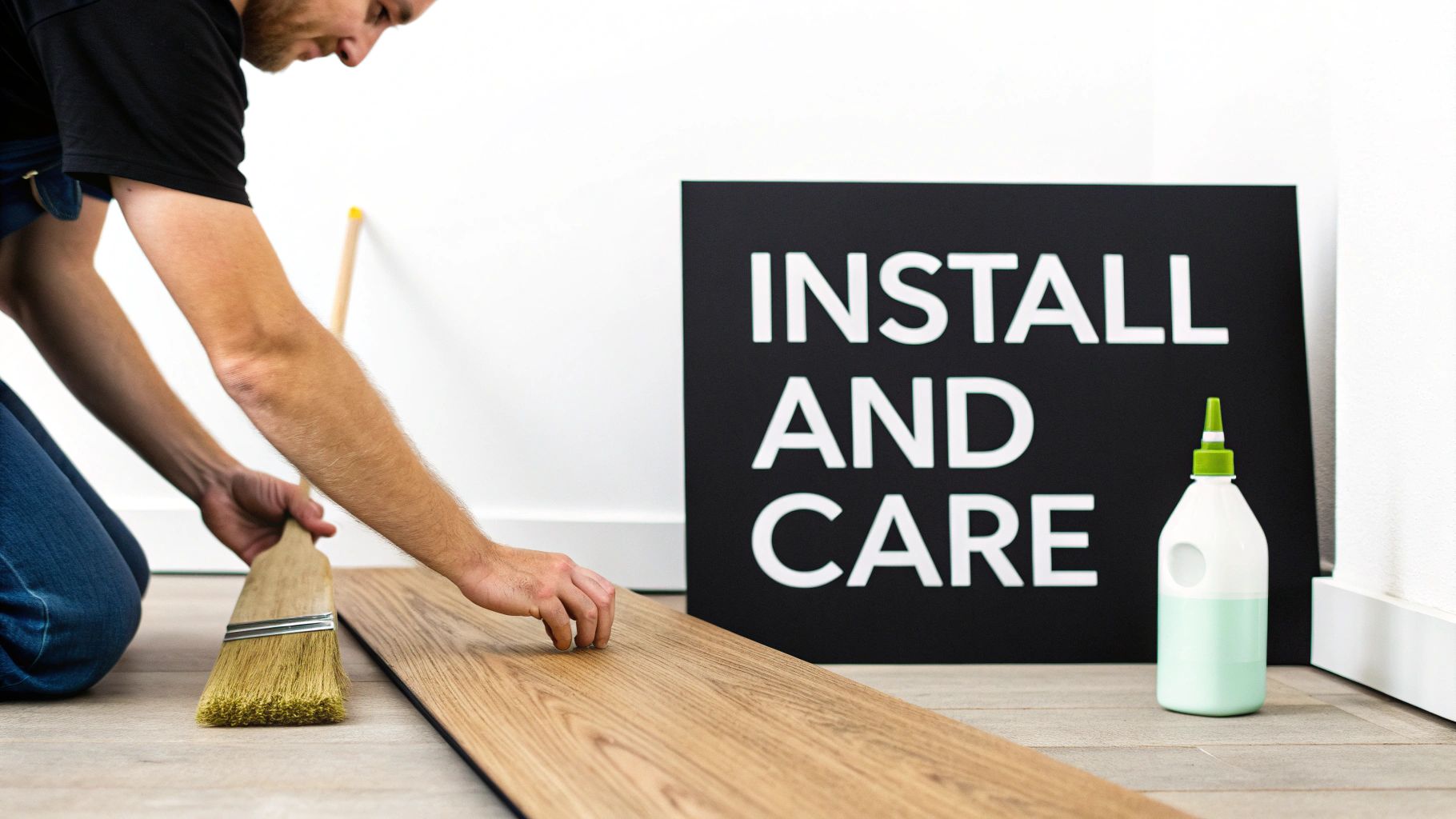 A professional installing solid hardwood flooring planks on a subfloor.