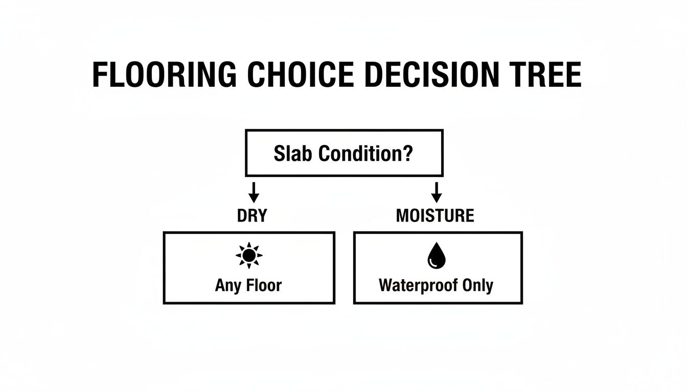A flooring choice decision tree flowchart comparing dry and moisture slab conditions for floor selection.