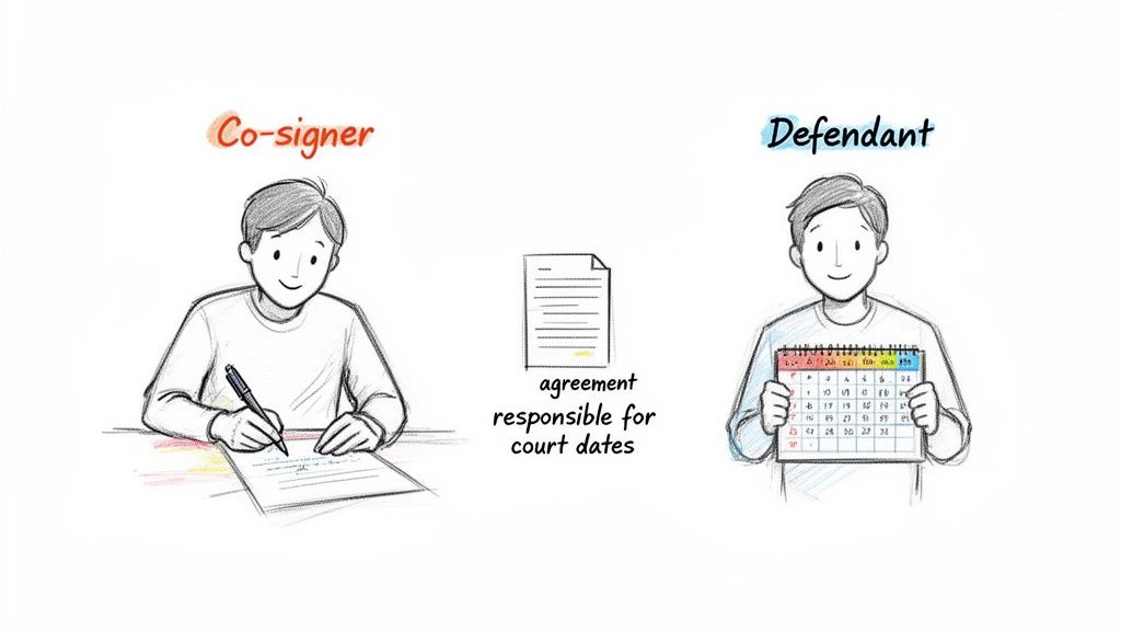 An illustration of a co-signer signing an agreement and a defendant holding a calendar for court dates.