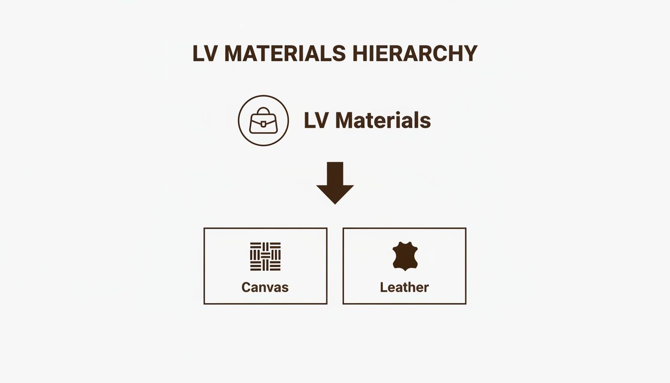 A hierarchy diagram showcasing Louis Vuitton materials, specifically Canvas and Leather as primary types.