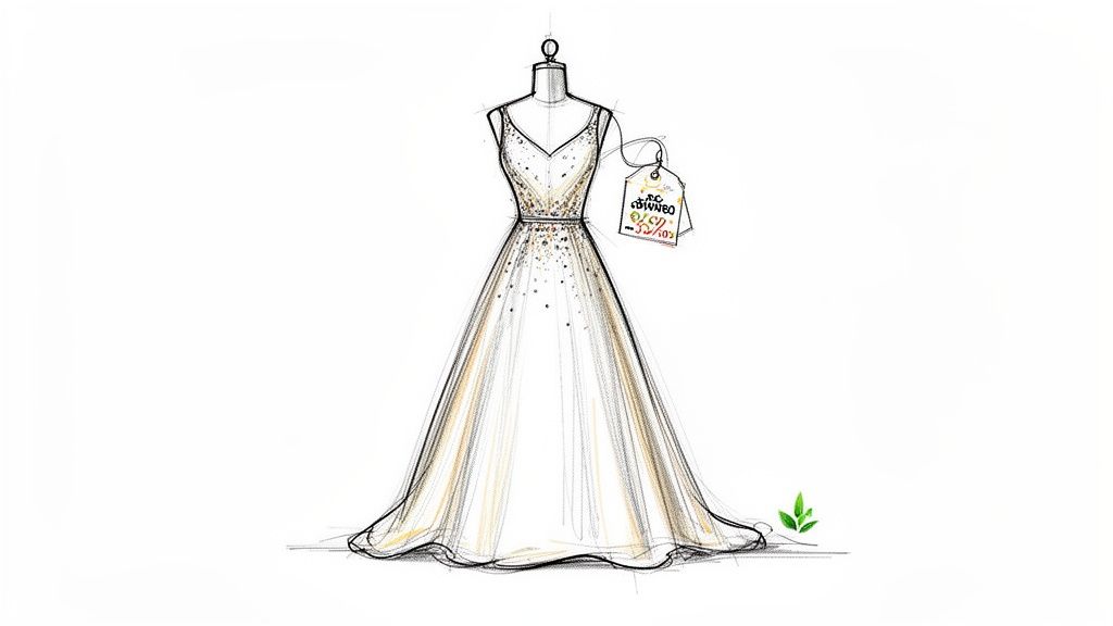 Sketch of a pre-owned bridal gown on a mannequin with a price tag and green leaves.