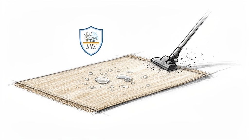 Illustration of a durable sisal carpet being vacuumed, showcasing water resistance with droplets and a protective shield.