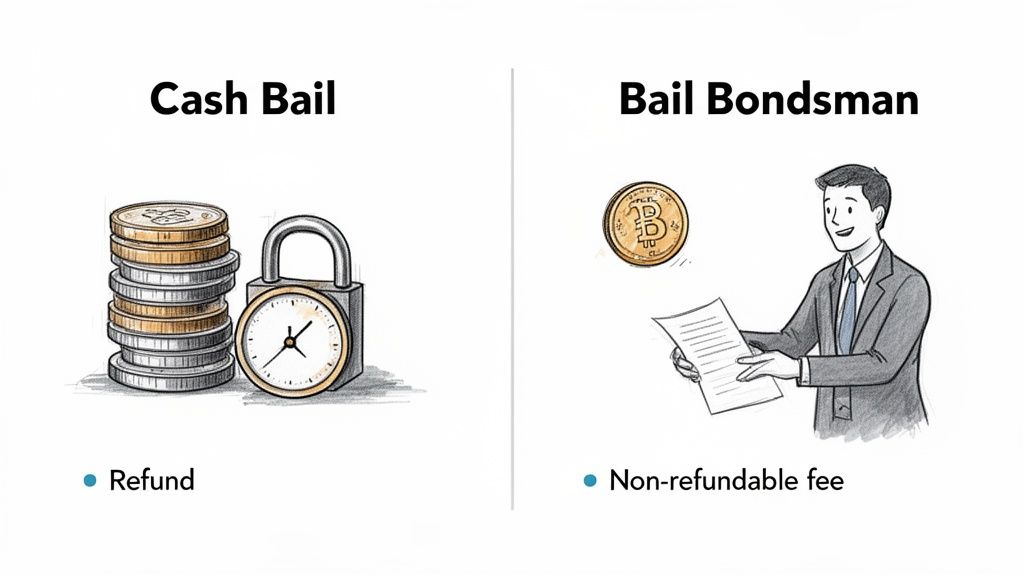 Visual comparison contrasting cash bail, which is refundable, with a bail bondsman's non-refundable fee service.