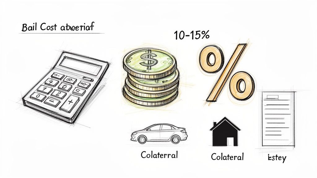 Illustration showing bail cost calculations with a calculator, money, 10-15% percentage, and collateral options like a car and house.