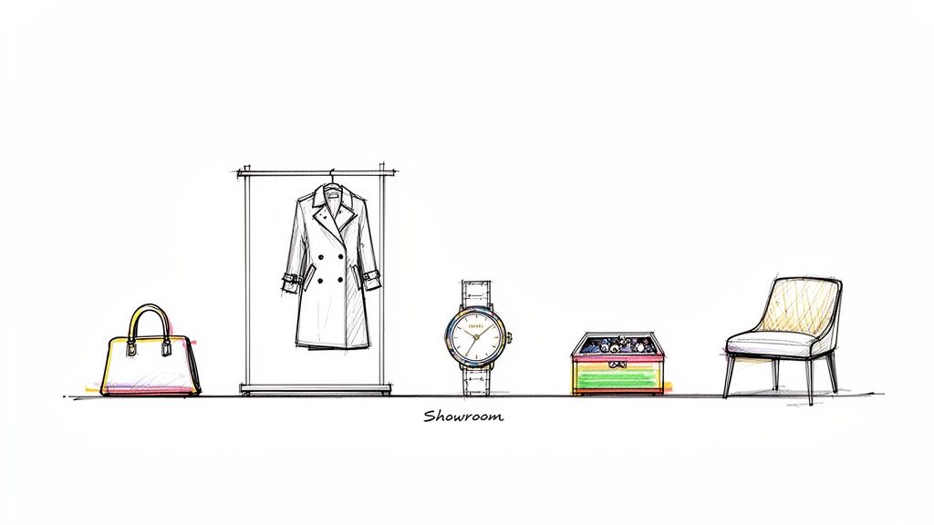 Minimalist sketch showcasing luxury items: a handbag, trench coat, watch, colorful box, and chair.