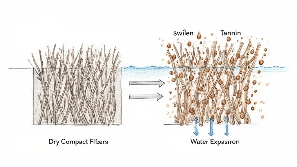 Diagram showing dry compact filters absorbing water, expanding, and releasing swilen and tannin particles.