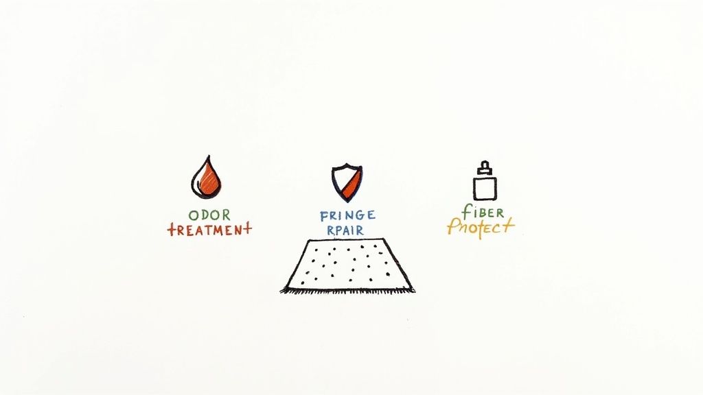 Three icons illustrating rug care services: odor treatment (a drop), fringe repair (a shield over a rug), and fiber protect (a bottle).