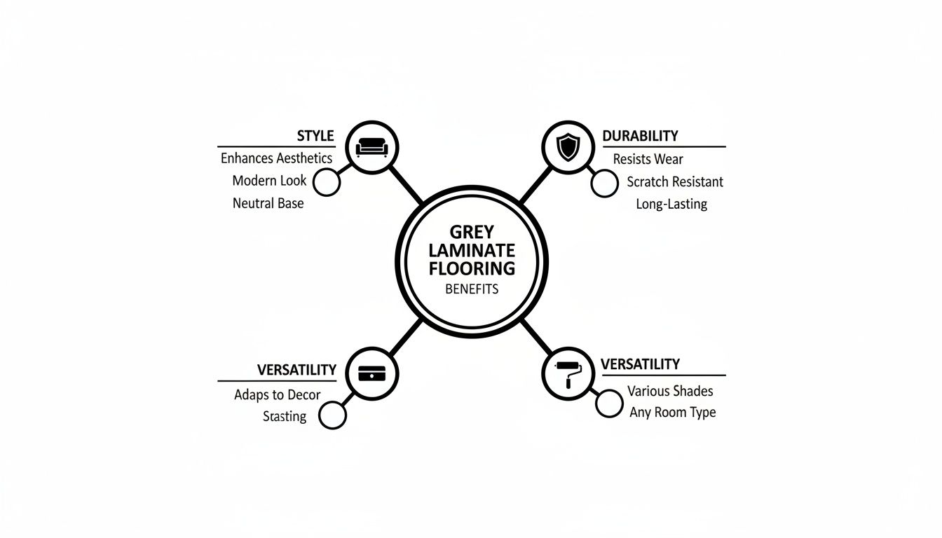 Diagram illustrating the benefits of grey laminate flooring, highlighting style, durability, and versatility.