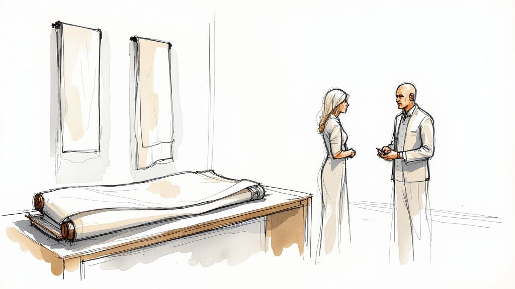 Illustration of a man and woman discussing white fabric in a minimalist studio with rolls and hanging textiles.