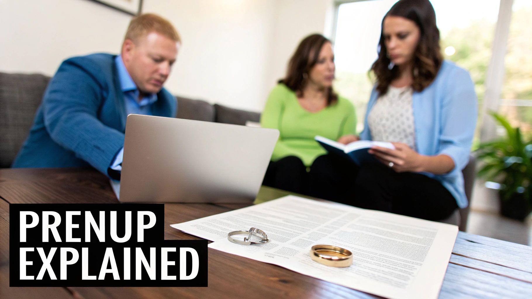 Three people discussing a prenuptial agreement, with a document and wedding rings on a table.