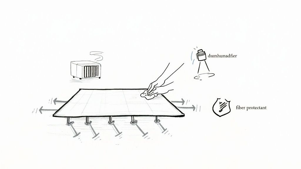 Illustration showing hands cleaning a rug, with a dehumidifier and fiber protectant nearby.