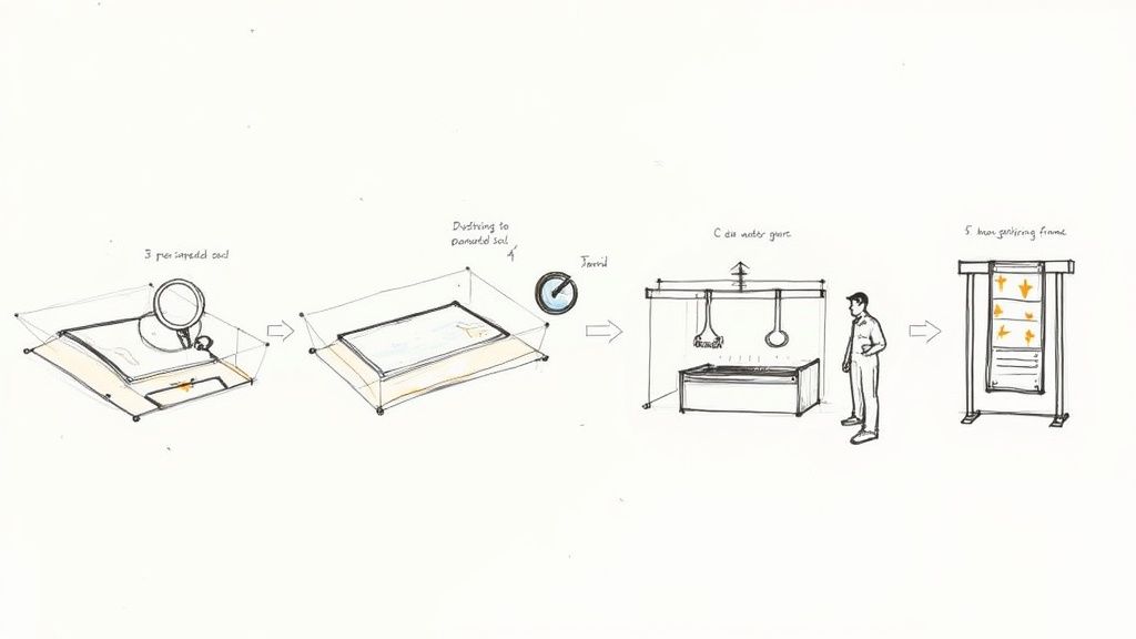 Diagram illustrating a multi-step process for creating textile art, from preparation to a finished display.