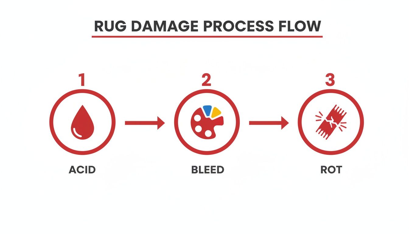 A flowchart illustrating the rug damage process: step 1 is acid, step 2 is bleed, and step 3 is rot.