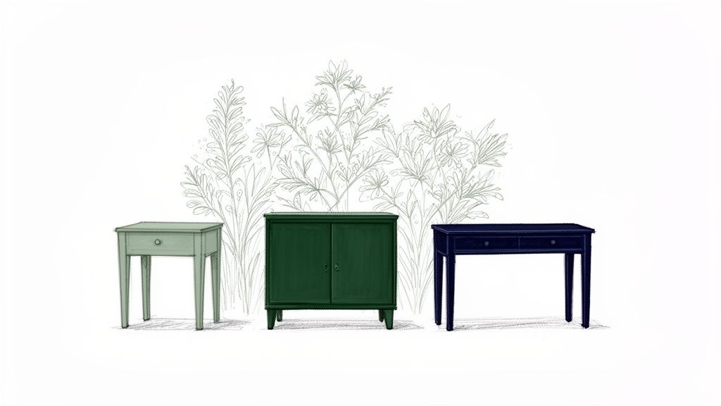 Illustration of three painted furniture pieces: a light green table, dark green cabinet, and blue desk.