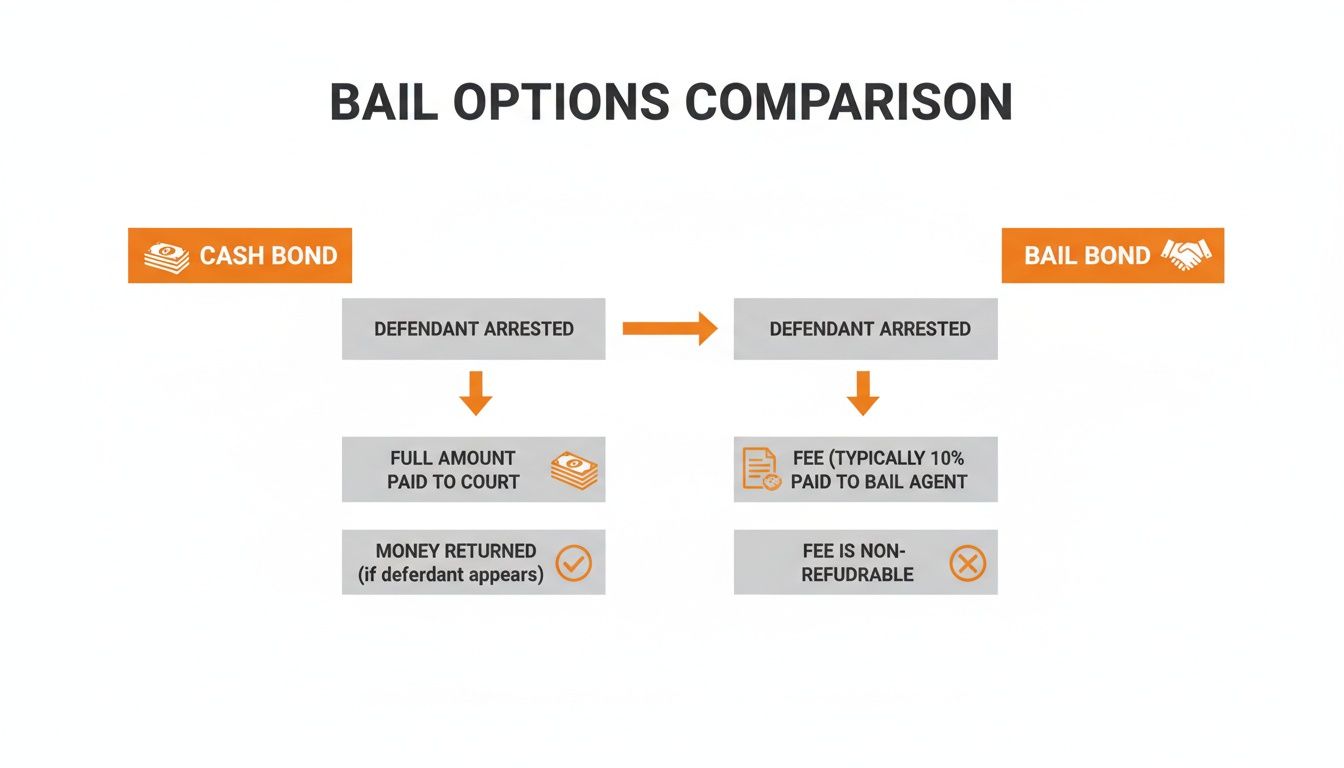Comparison chart detailing cash bond versus bail bond processes, including payments, fees, and refundability.