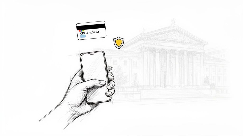 Sketch of a hand holding a smartphone, with a credit card and shield icon, symbolizing a secure online payment.