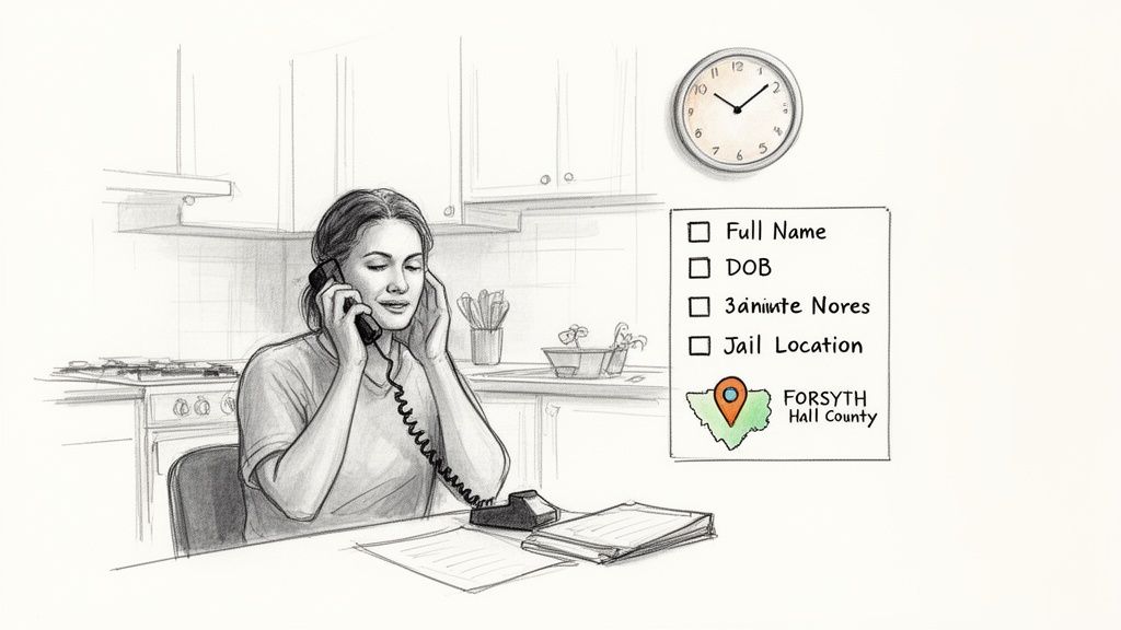 A woman on the phone in a kitchen, looking at a checklist for bailing someone out.