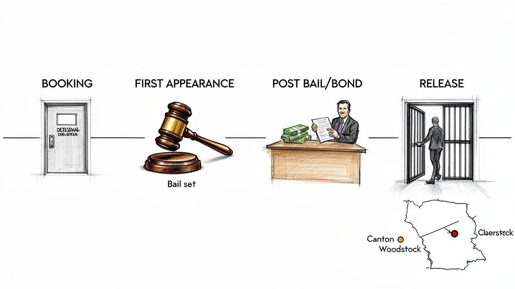 A diagram illustrating the four-step legal process from booking, first appearance, to post bail/bond and release.