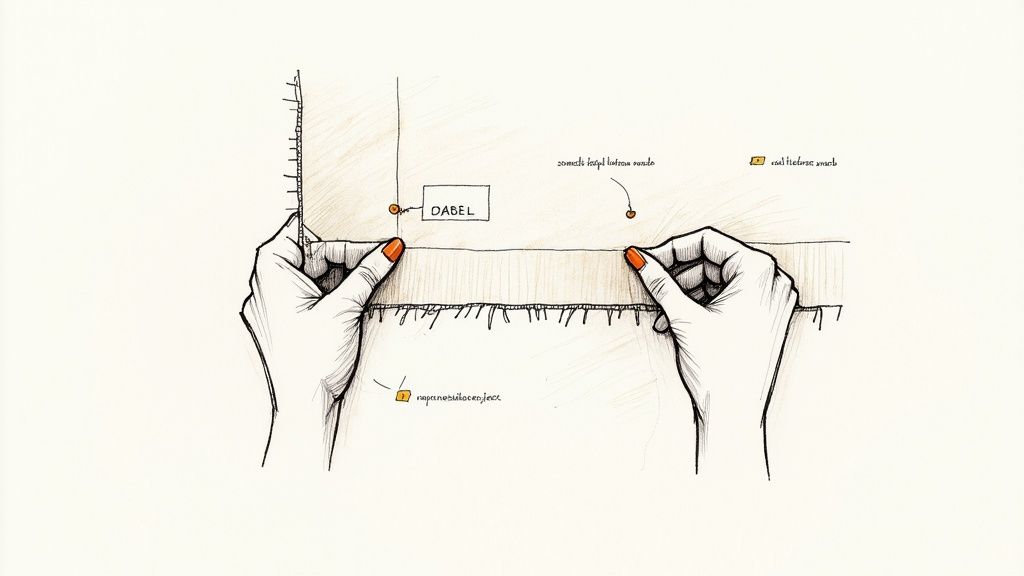 Illustration showing two hands holding a piece of fabric, possibly detailing a textile repair process.