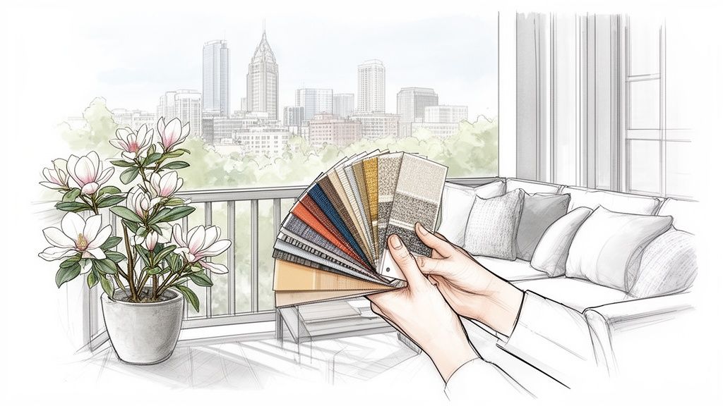 Hands selecting various outdoor fabric swatches on a balcony overlooking a city skyline.