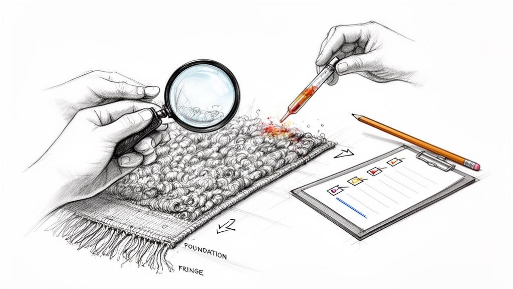 Hands examine a stained wool rug with a magnifying glass, applying cleaning solution, next to a checklist.