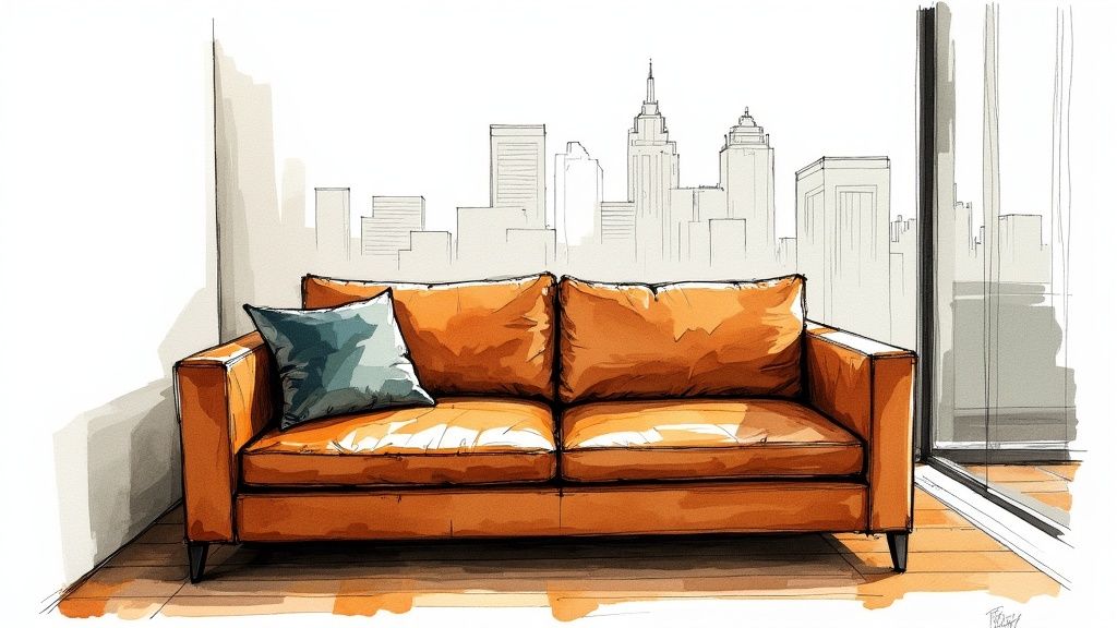 A vibrant watercolor sketch of a brown leather couch with a blue pillow, overlooking a city skyline.