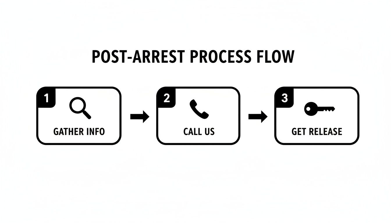 A three-step post-arrest process flow diagram: gather info, call us, and get release.