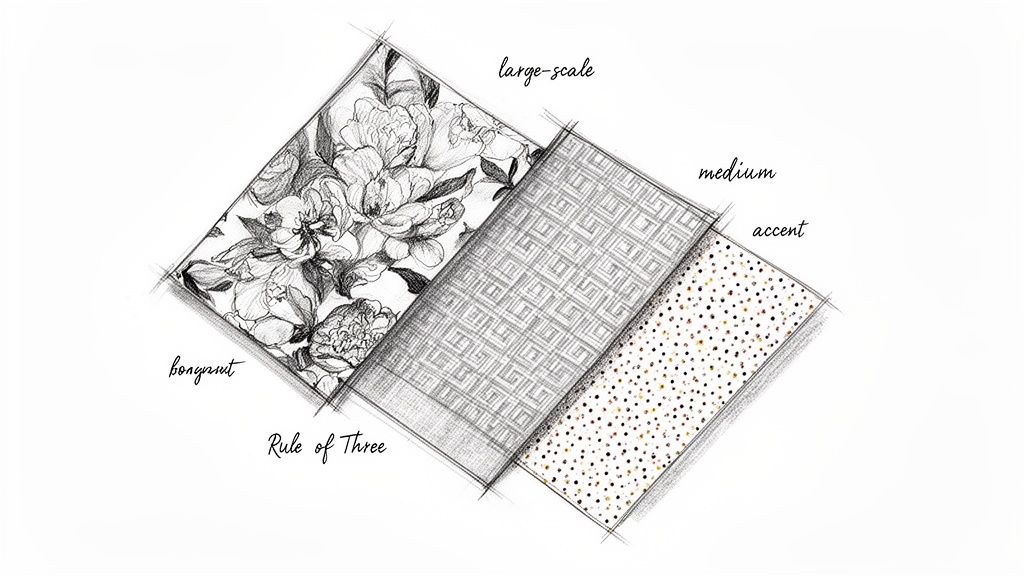 Illustration shows three fabric swatches: large-scale floral, medium geometric, and small polka dot, illustrating pattern mixing.