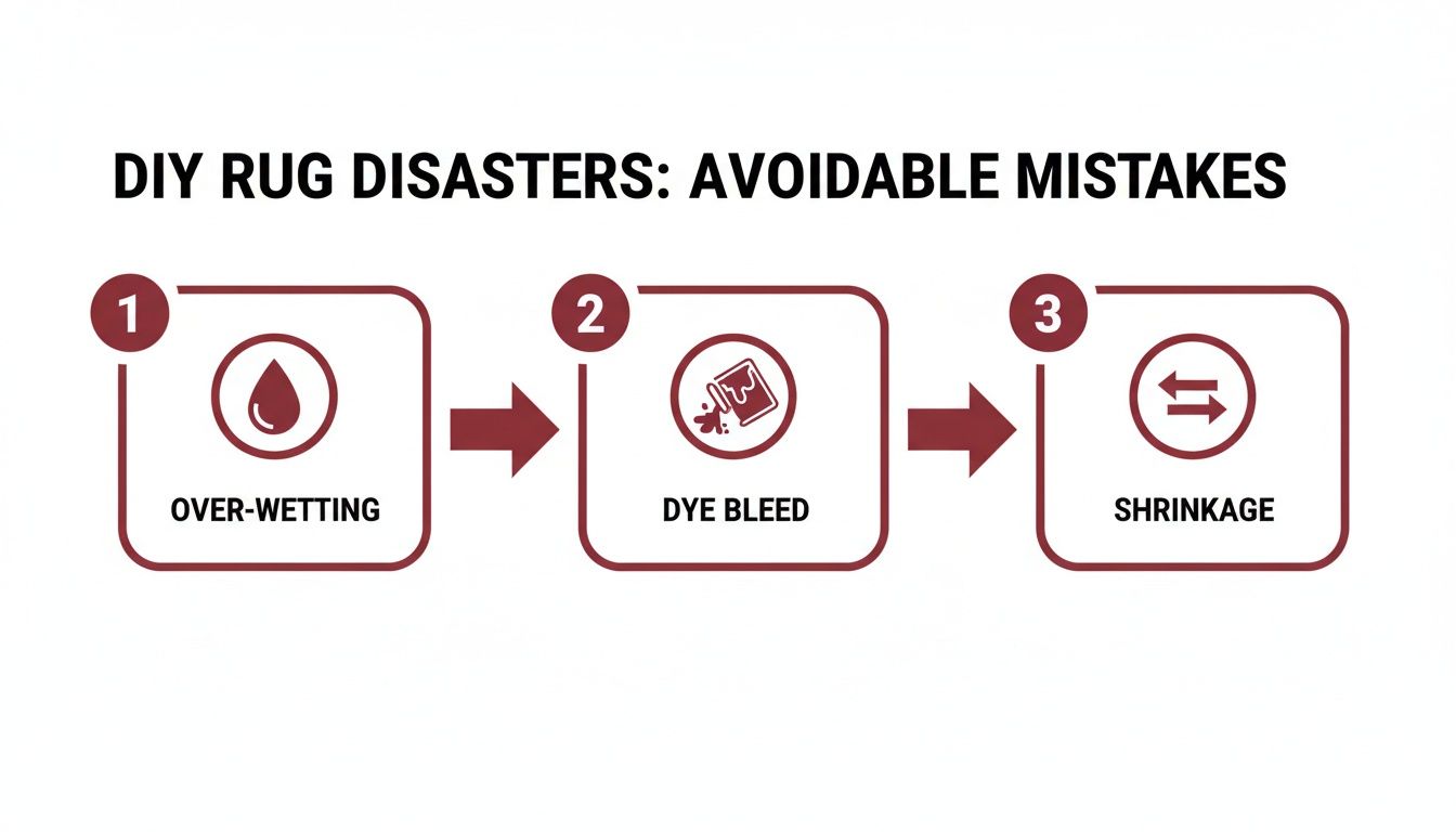 Flowchart illustrating three DIY rug cleaning disasters: over-wetting, dye bleed, and shrinkage, with icons.