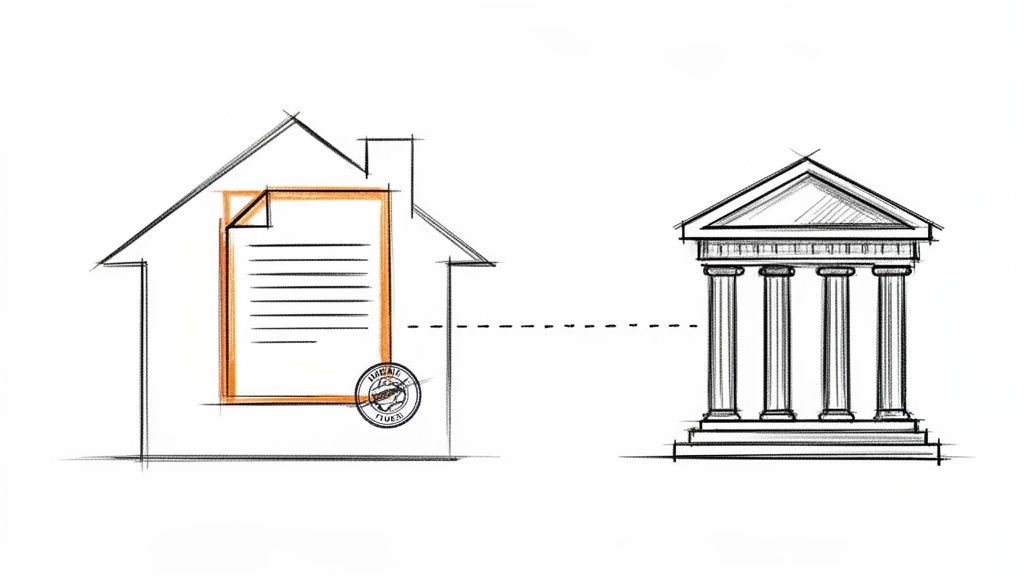A sketch showing a house containing a legal document with a stamp, connected to a courthouse or bank.