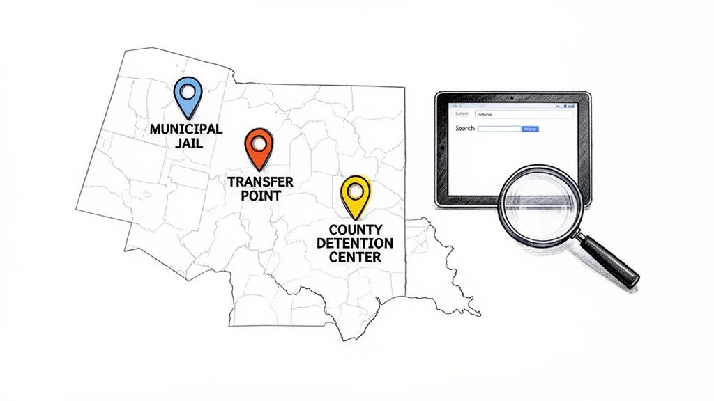 Map with pins for Municipal Jail, Transfer Point, and County Detention Center, alongside a search tablet and magnifying glass.