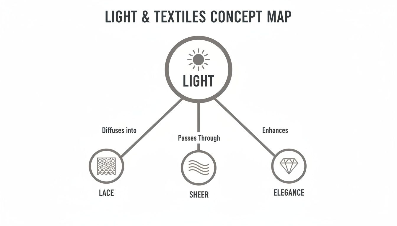 Concept map illustrating light's interaction with lace and sheer textiles, enhancing elegance.