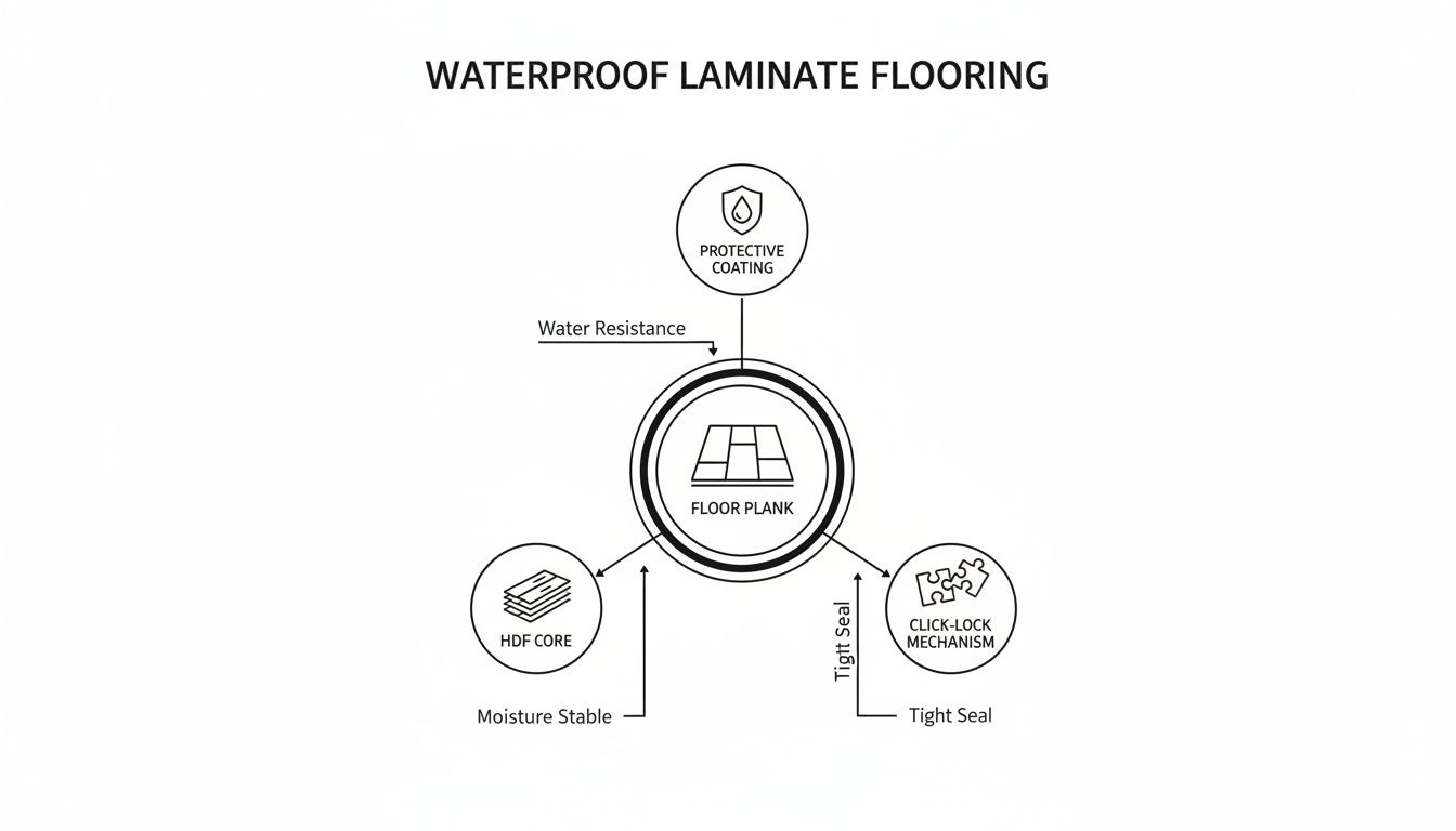 Diagram illustrating key features of waterproof laminate flooring: protective coating, HDF core, and click-lock mechanism.