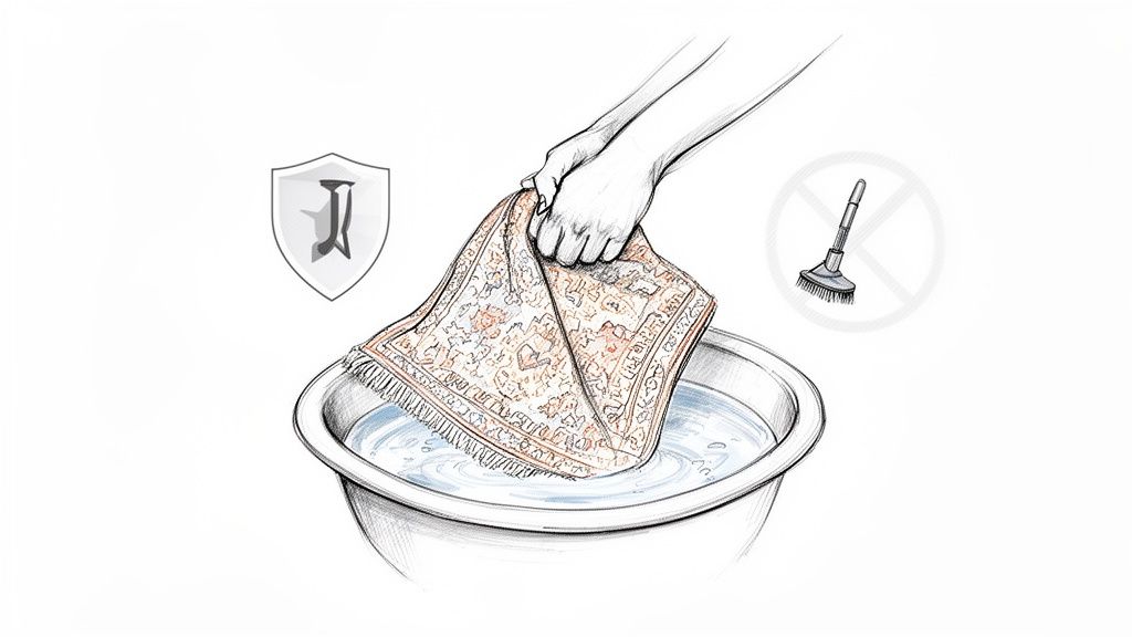 Hands gently wash a colorful oriental rug in a basin of water, a shield icon, and a prohibited brush symbol.