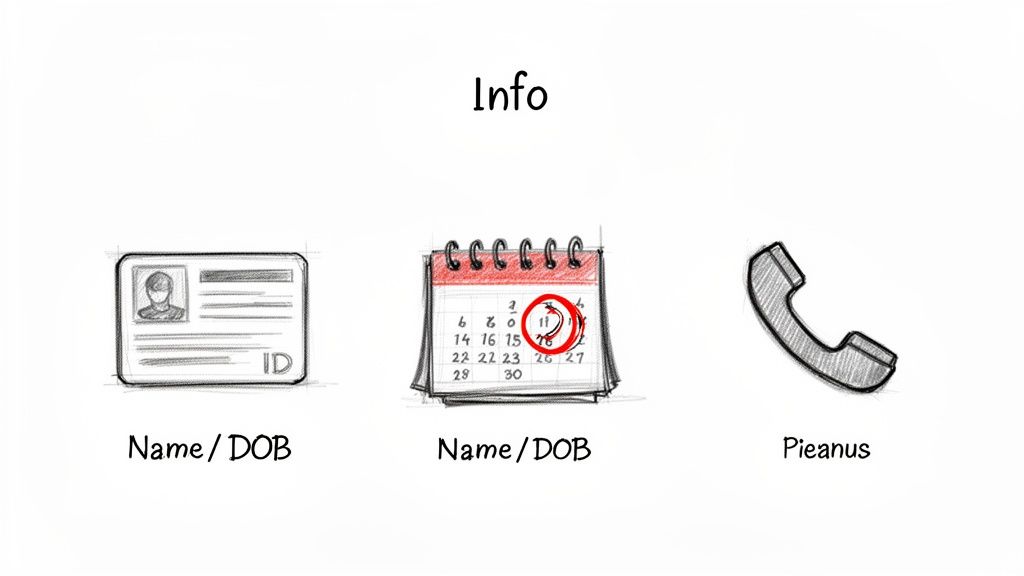 Sketch of ID card, calendar, and phone icons, representing personal information and contact details.