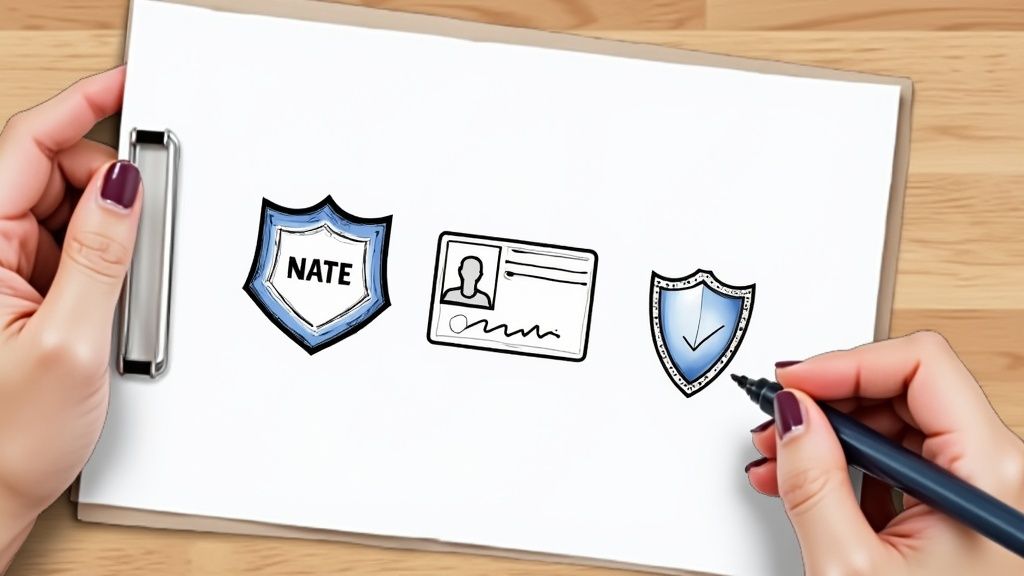 A certified HVAC technician's hands showing an official identification badge.