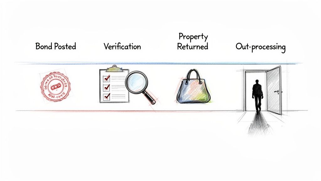 A four-step process: bond posted, verification, property returned, and out-processing, illustrated with icons.