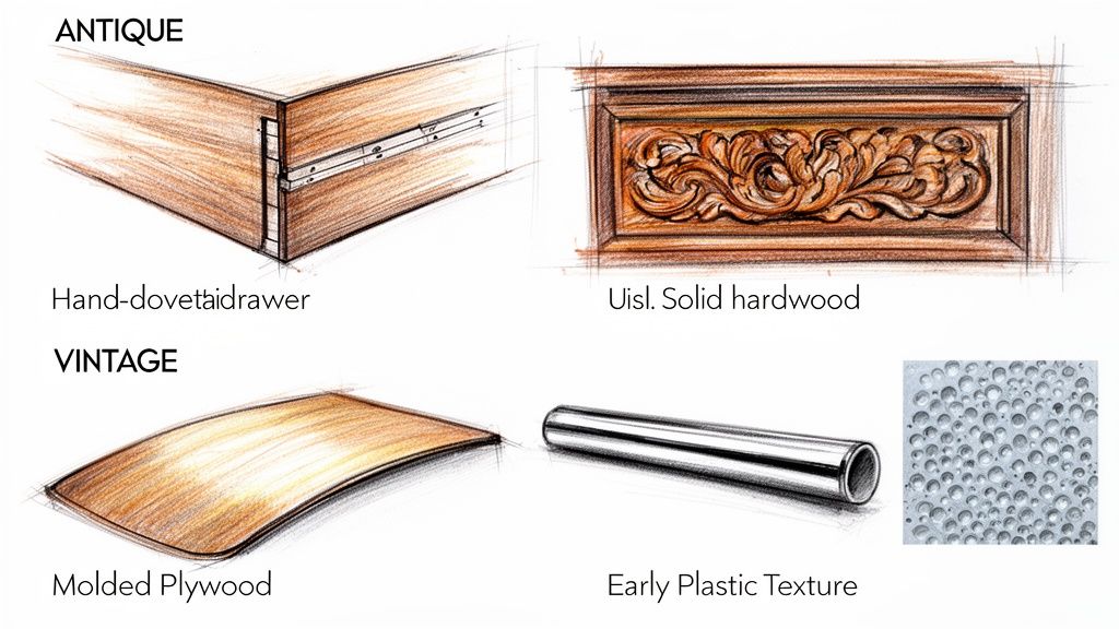 Illustrations showcasing distinguishing features between antique hand-dovetailed drawers and vintage molded plywood designs.