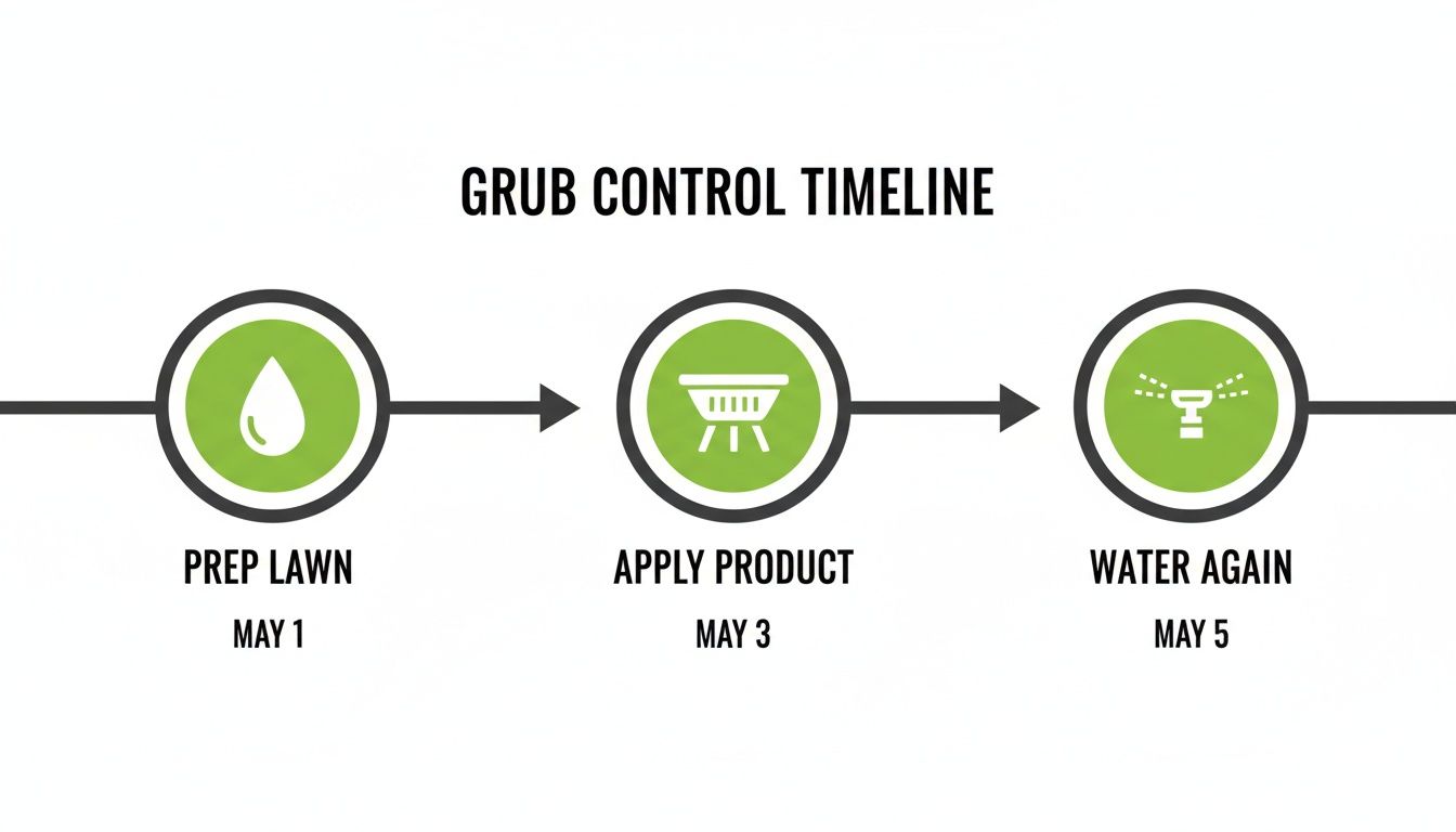 Grub control timeline with steps: Prep lawn May 1, Apply product May 3, Water again May 5.