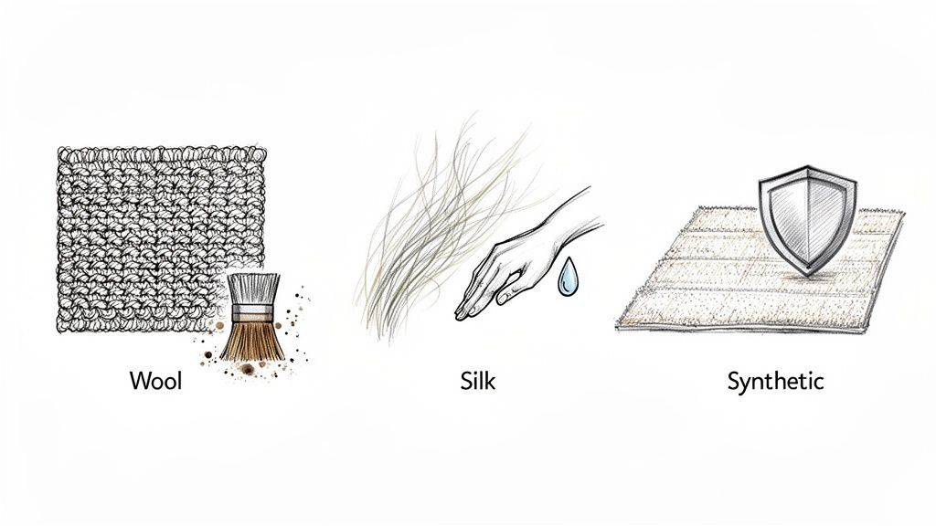 Comparison of carpet materials: wool (cleaning), silk (delicate), and synthetic (protection).