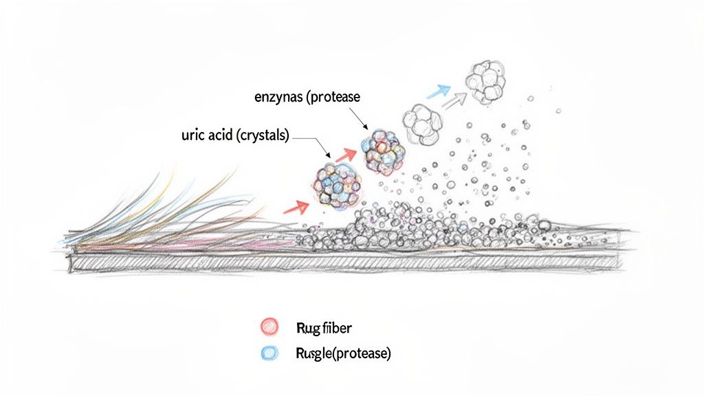 Illustration showing protease enzymes breaking down uric acid crystals embedded in rug fibers.