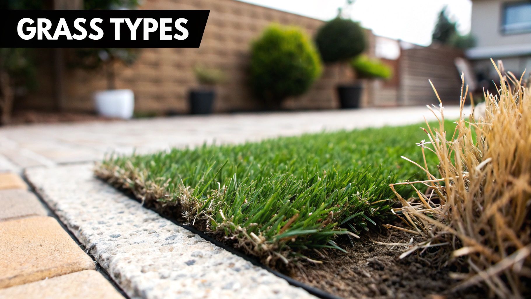 A close-up view of two different types of green grass, one thicker and one thinner, growing side-by-side in a lawn.