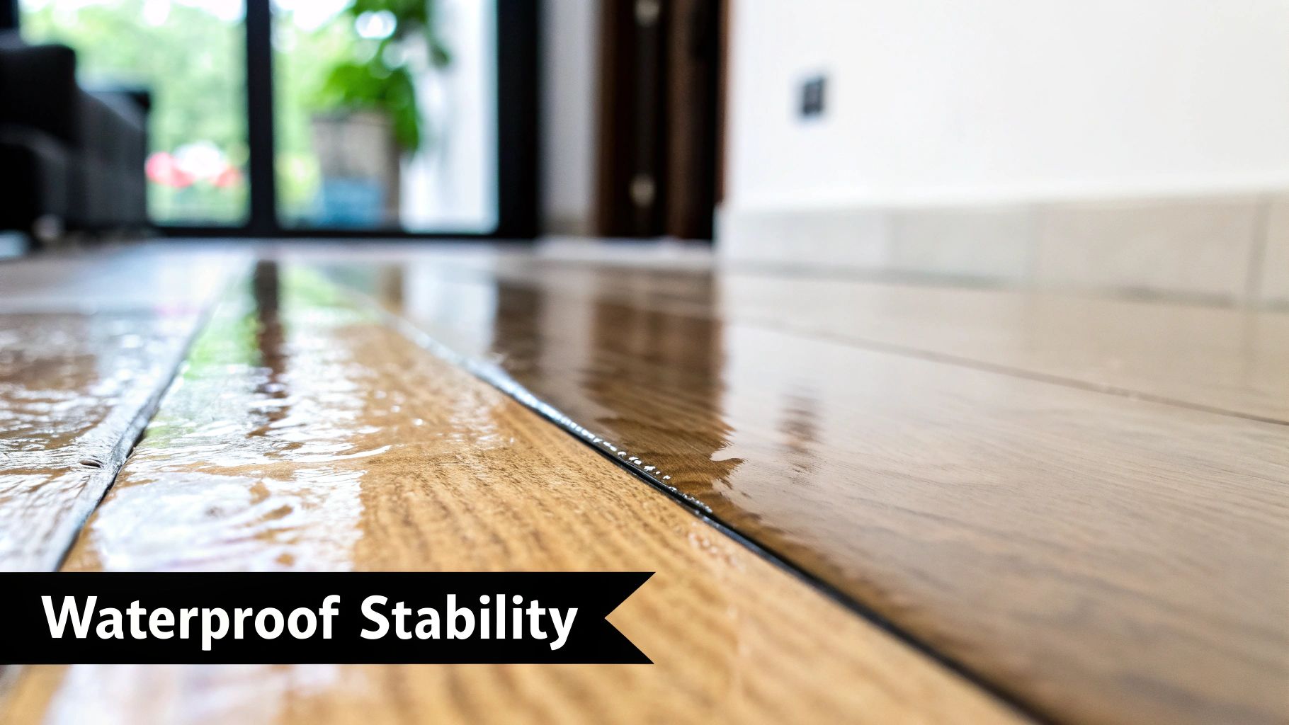 A close-up of a waterproof wooden floor with water droplets, highlighting its stability and resilience.
