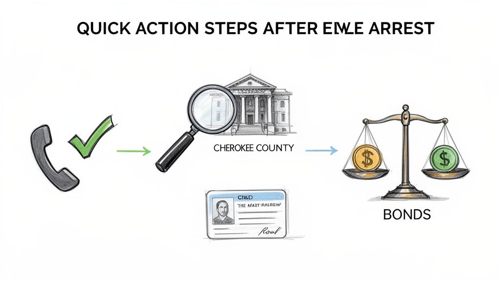 Diagram showing quick action steps after an arrest: phone call, investigation, and bonds process.