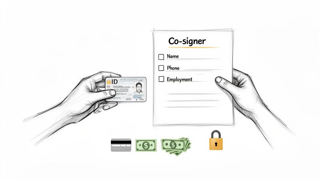 An ID card, co-signer document, money, credit card, and padlock, representing bail requirements.
