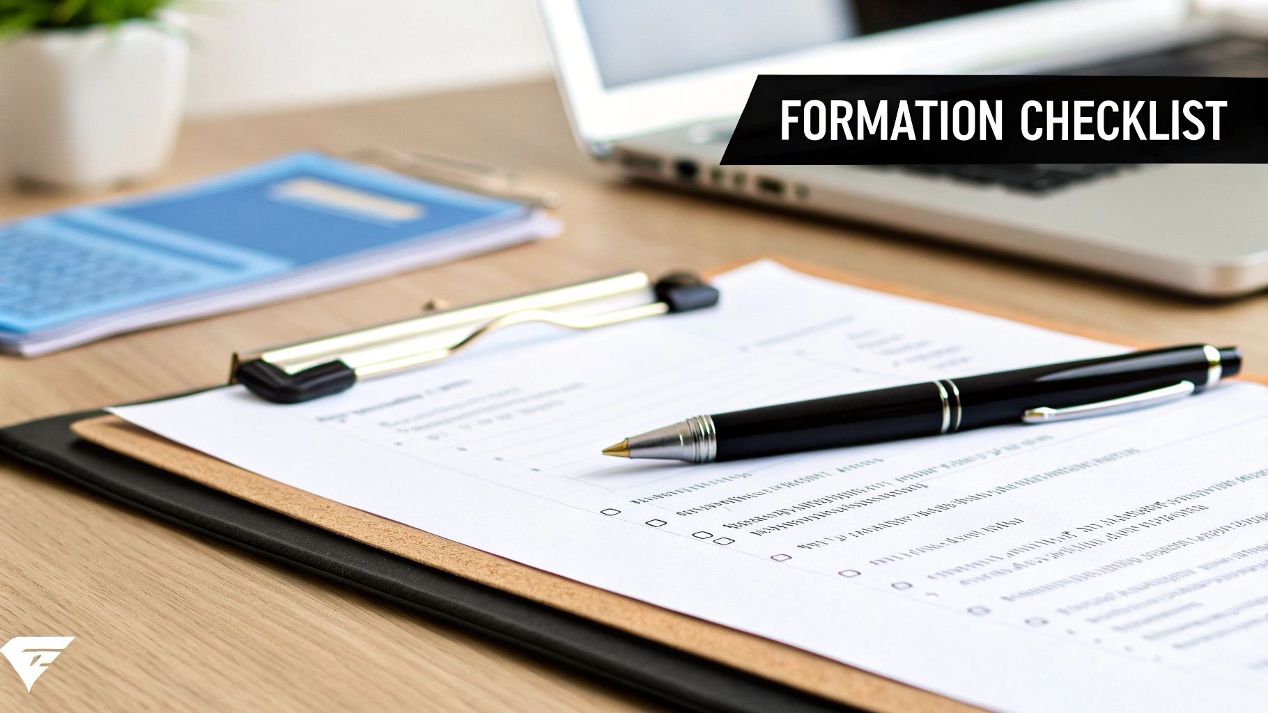 A close-up of a desk with a 'FORMATION CHECKLIST' document, pen, and clipboard.