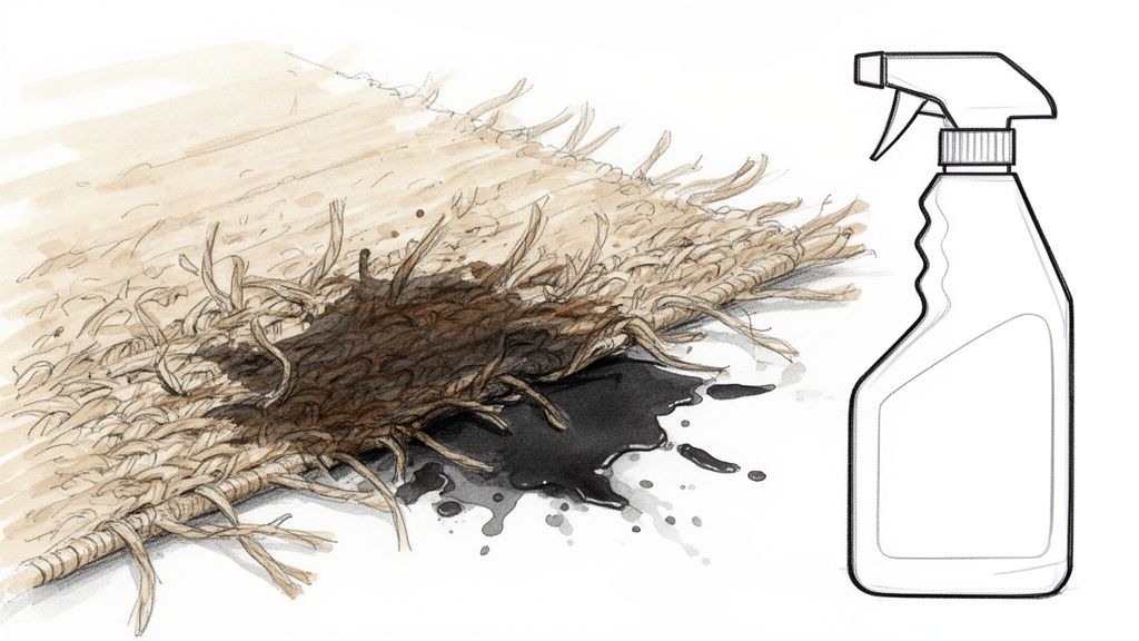 A sisal rug with a dark stain, possibly mud, next to an unlabeled spray bottle for cleaning.