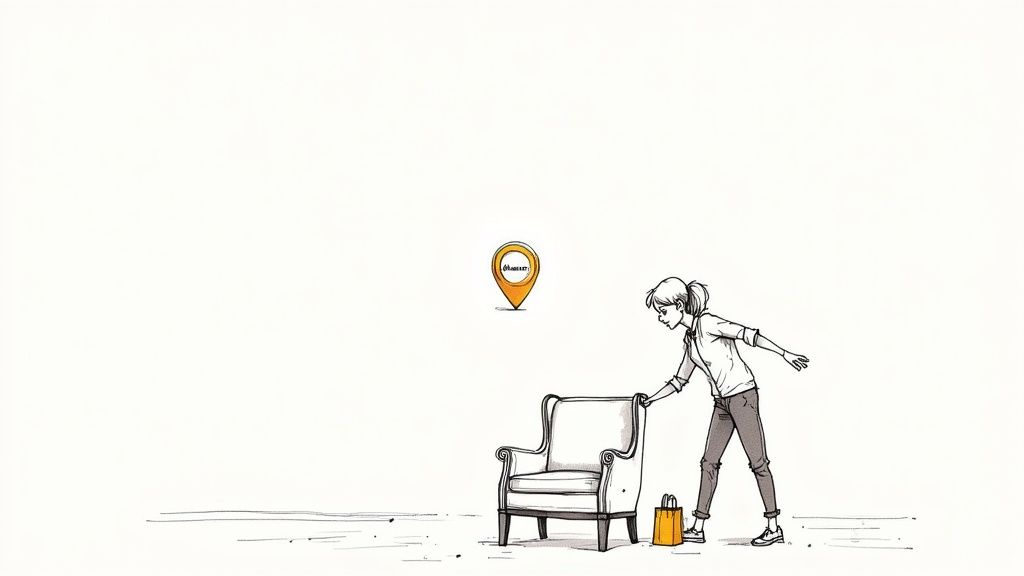 A young woman adjusts an armchair next to a shopping bag and a Gumtree location pin.